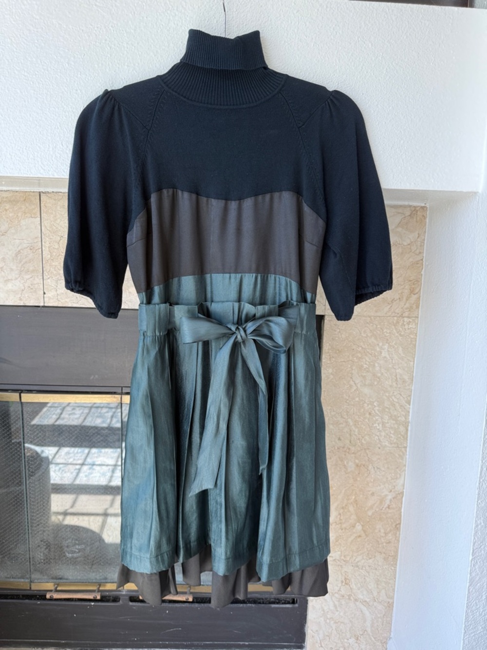 Black & Teal Tie-Waist Turtleneck Dress